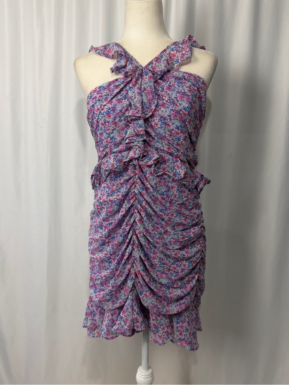 Floret Studios Floral Ruffle Ruched Mini Dress Womens XL Fairy Romantic